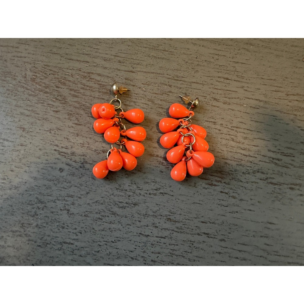 Orange Cluster Drop Earrings Teardrop Bead Gold Tone Post Back Statement Jewelry